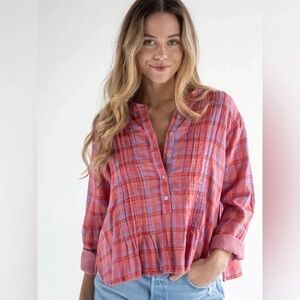 NATURAL LIFE Pink and Purple Plaid Blouse